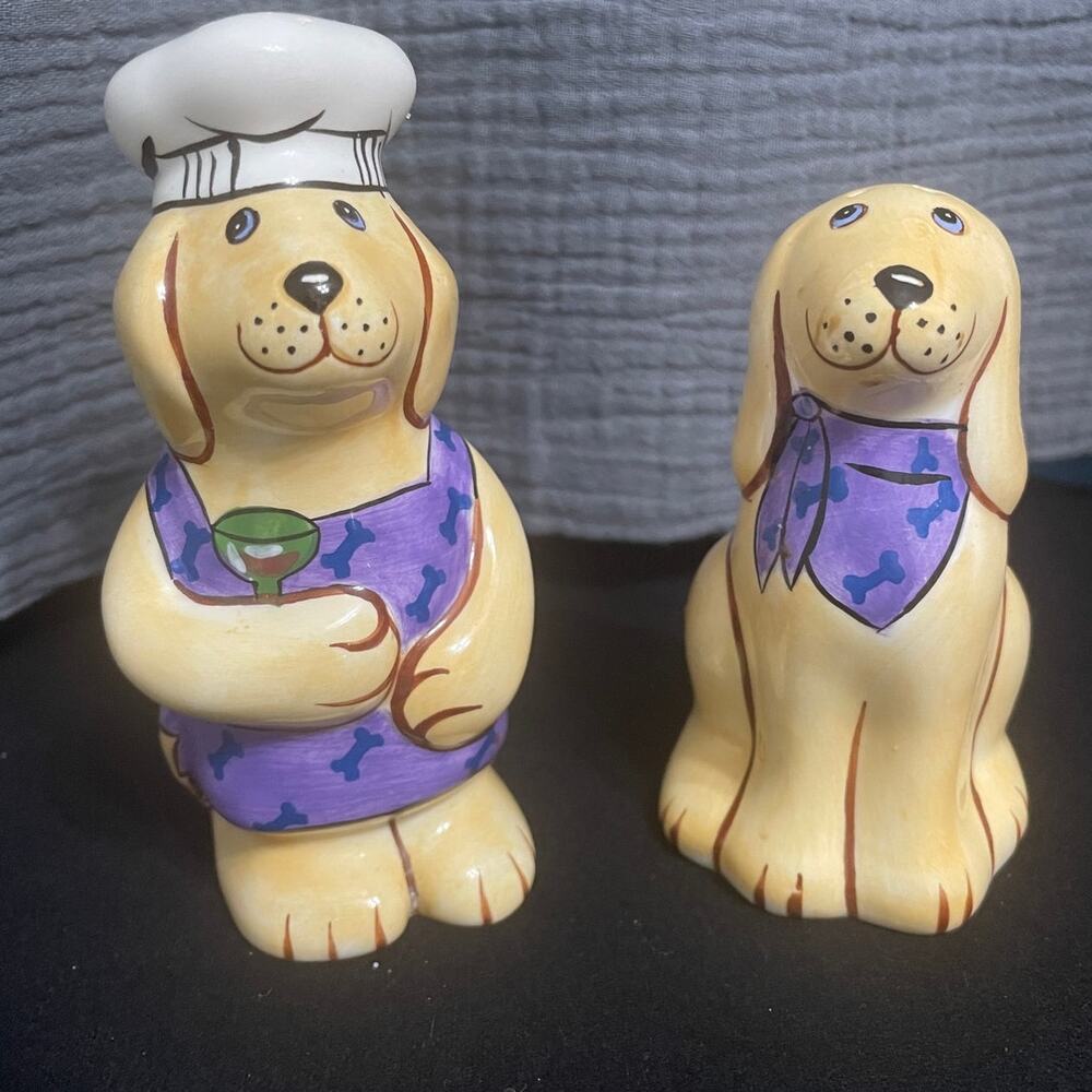 Anthropomorphic Chef Dog Holding Martini  & Companion Salt & Pepper Shakers